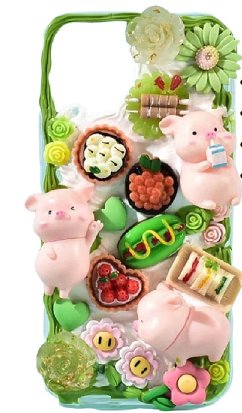 Finished Handmade Decoden Phone Cases | Kawaii Pig Candy Clouds Flowers Food Hearts Stars Charms | Samsung Android