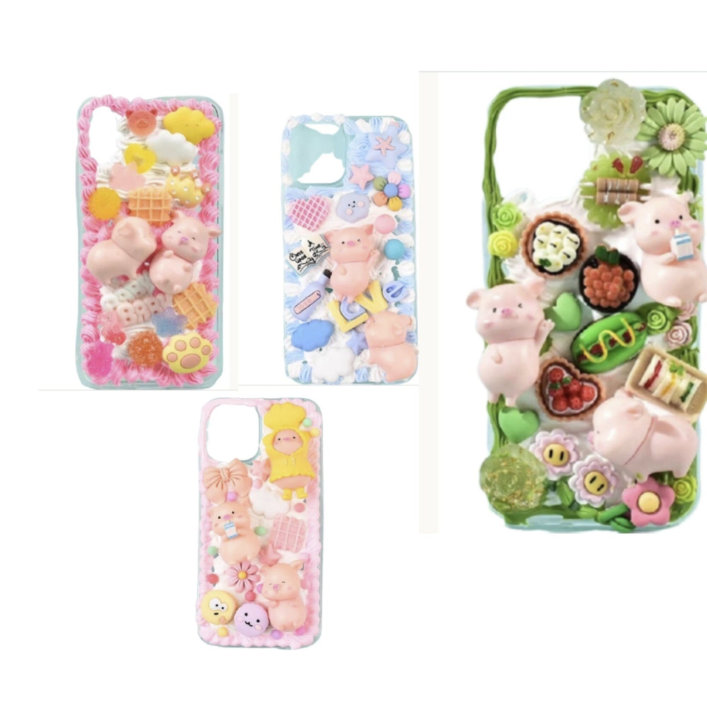 Finished Handmade Decoden Phone Cases | Kawaii Pig Candy Clouds Flowers Food Hearts Stars Charms | Samsung Android