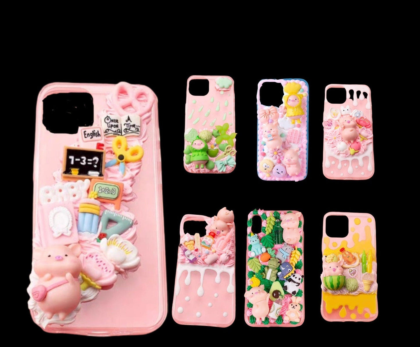 Finished Handmade Decoden Phone Cases | Kawaii Pigs School Supplies Food Drinks Toys Charms | Samsung Android iPhone
