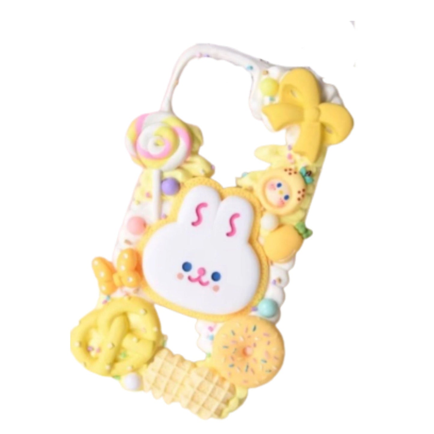Finished Handmade Decoden Phone Cases | Kawaii Rabbit Face Food Candy Colored Pearls Charms | Samsung Android iPhone