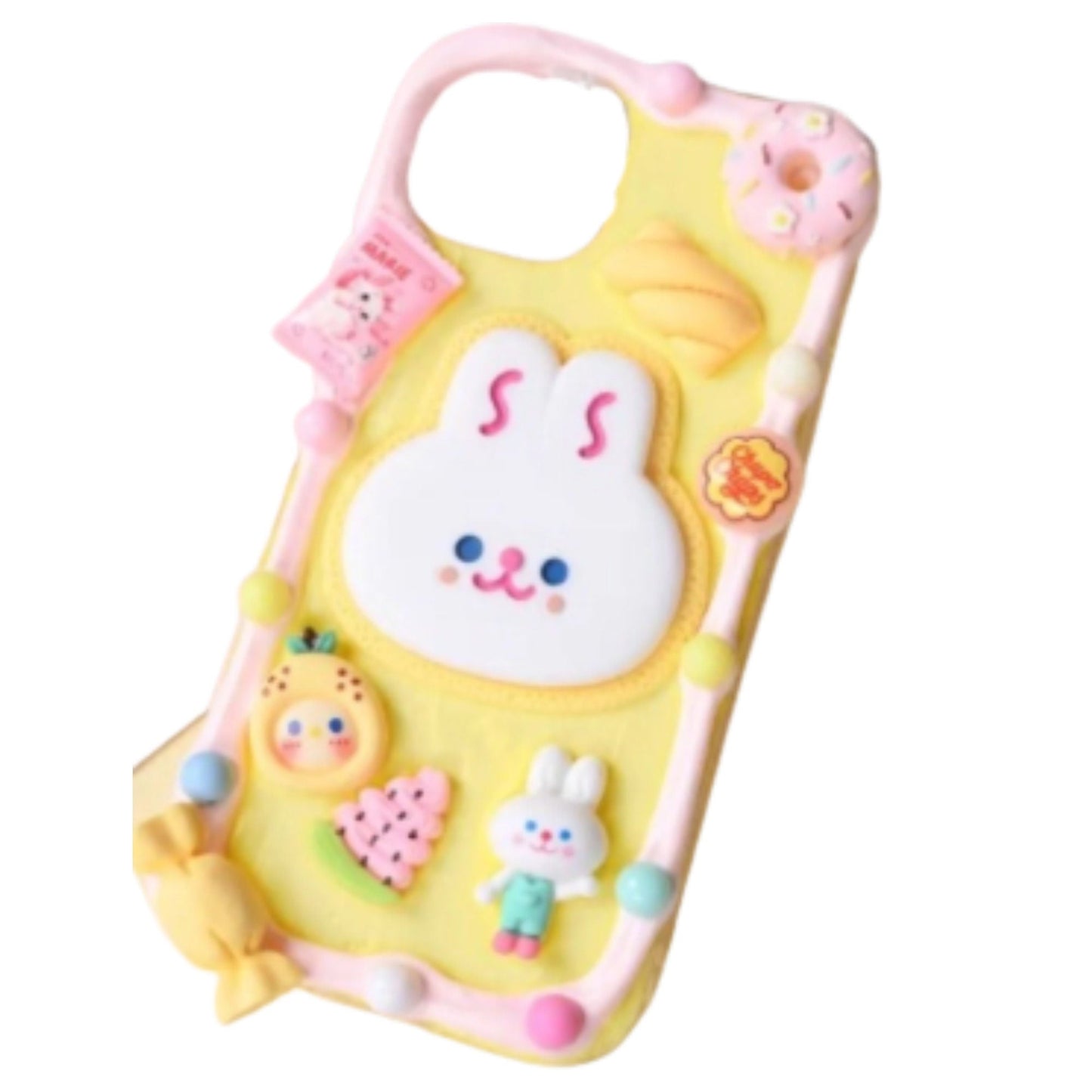 Finished Handmade Decoden Phone Cases | Kawaii Rabbit Face Food Candy Colored Pearls Charms | Samsung Android iPhone