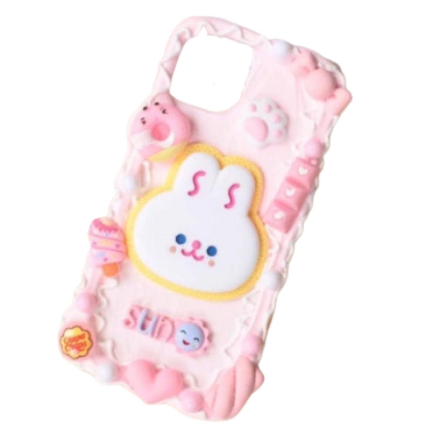 Finished Handmade Decoden Phone Cases | Kawaii Rabbit Face Food Candy Colored Pearls Charms | Samsung Android iPhone