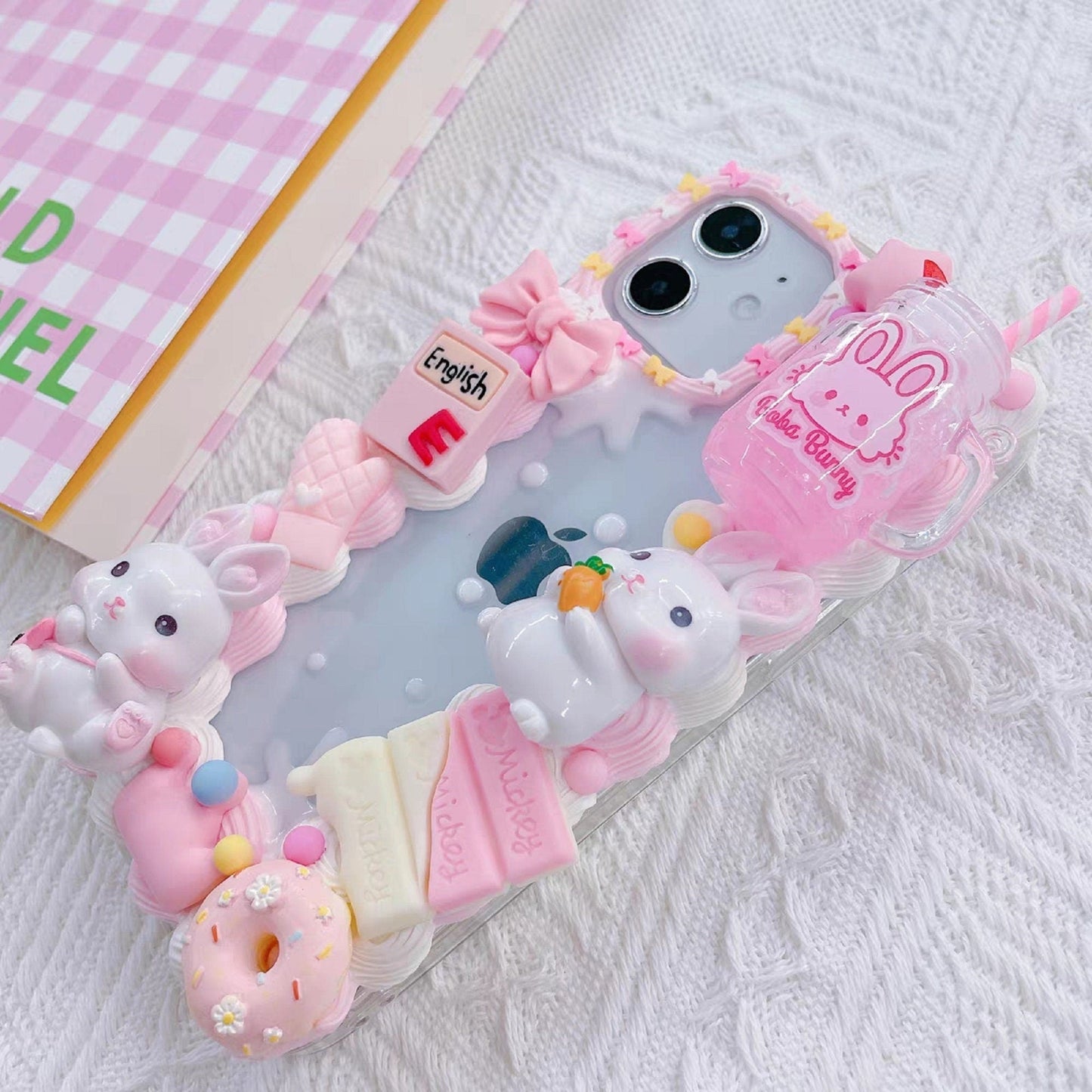 Finished Handmade Decoden Phone Cases | Kawaii Rabbits Strawberries Boba Drink Candy Charms | Samsung Android iPhone