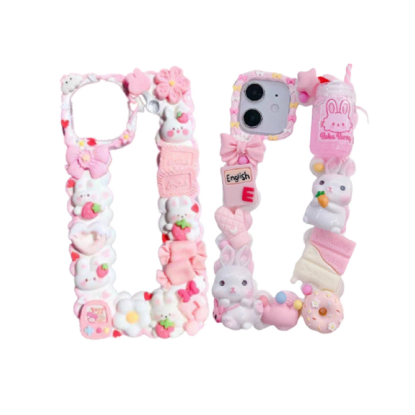 Finished Handmade Decoden Phone Cases | Kawaii Rabbits Strawberries Boba Drink Candy Charms | Samsung Android iPhone