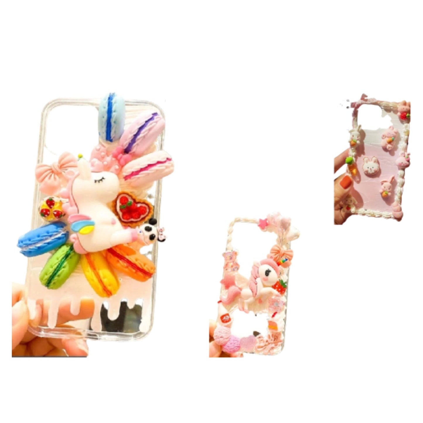 Finished Handmade Decoden Phone Cases | Kawaii Rainbow Unicorn Rabbits Macaroons Cookies Bows Hearts Charms | Samsung