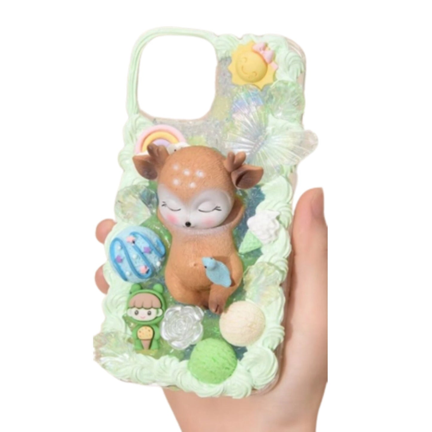 Finished Handmade Decoden Phone Cases | Kawaii Sleeping Sika Baby Deer Clouds Animal Flowers Charms | Samsung Android