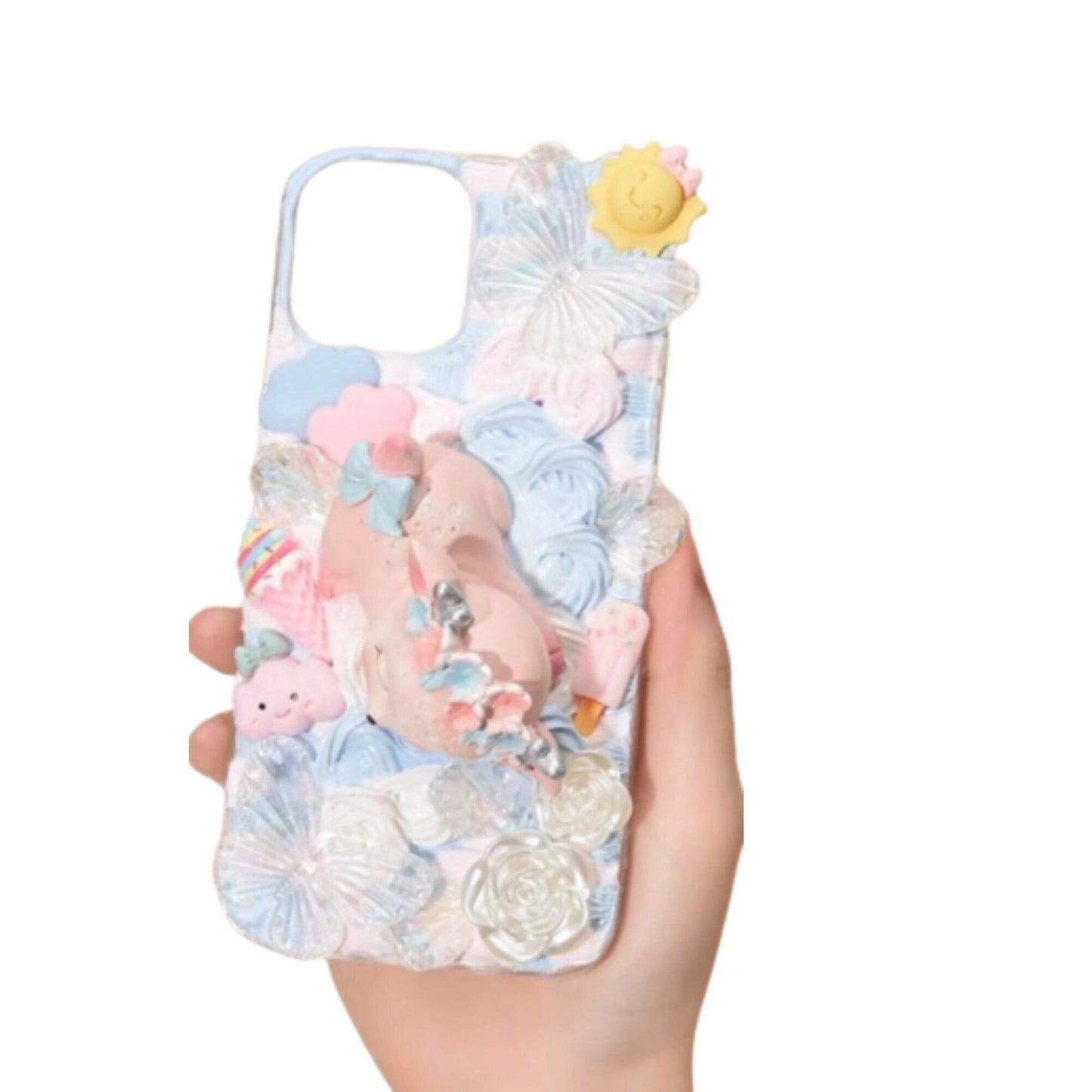 Finished Handmade Decoden Phone Cases | Kawaii Sleeping Sika Baby Deer Clouds Animal Flowers Charms | Samsung Android