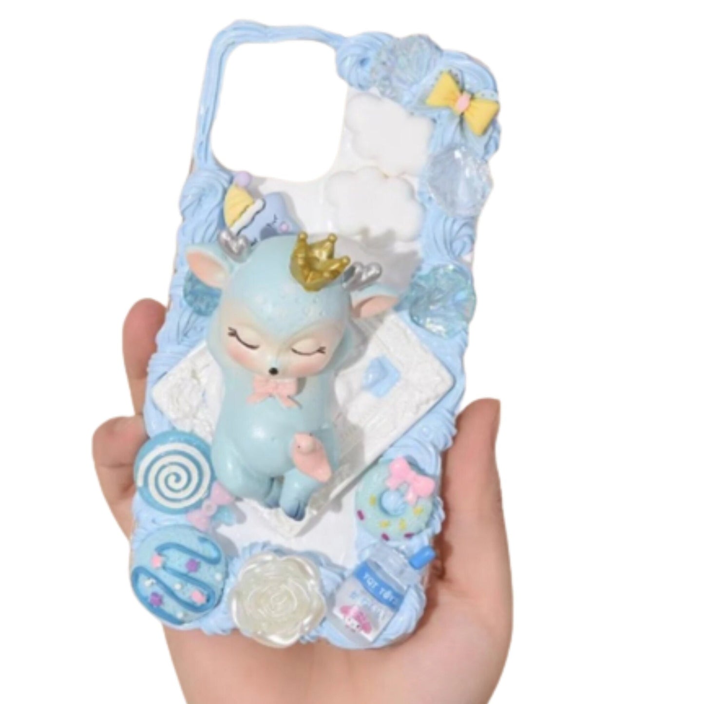 Finished Handmade Decoden Phone Cases | Kawaii Sleeping Sika Baby Deer Clouds Animal Flowers Charms | Samsung Android