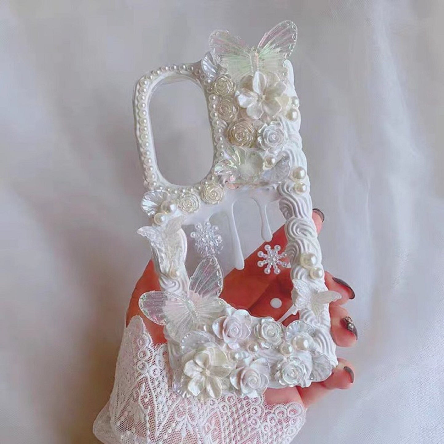 Finished Handmade Decoden Phone Cases | Lace Iridescent Butterflies Flowers Pearls Charms | Samsung Android iPhone Cases