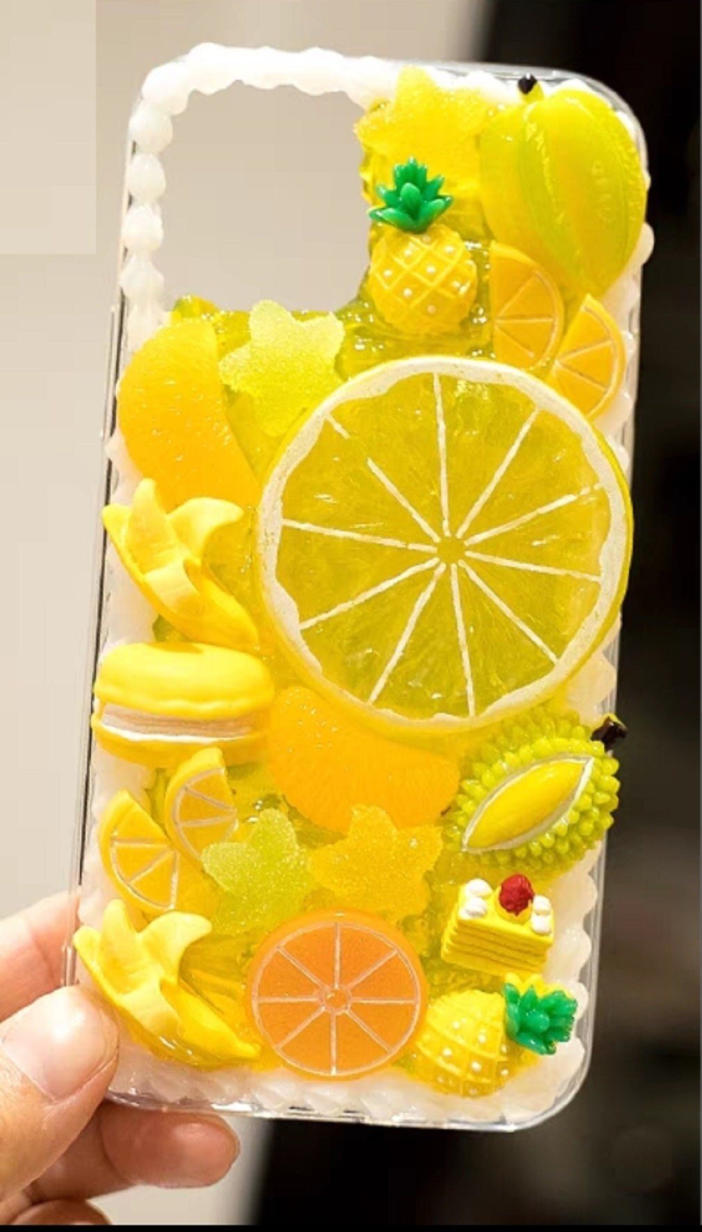 Finished Handmade Decoden Phone Cases | Lemon Orange Slices Pineapple Banana Fruits Charms | Samsung Android iPhone