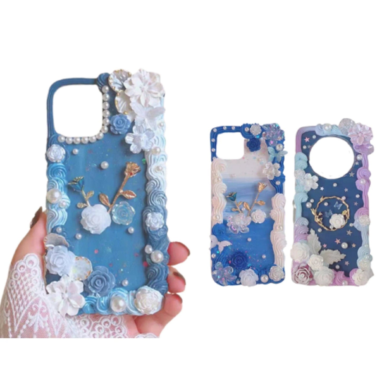Finished Handmade Decoden Phone Cases | Long Stem Roses Twig Frame Fairy Flowers Stars Charms | Samsung Android iPhone