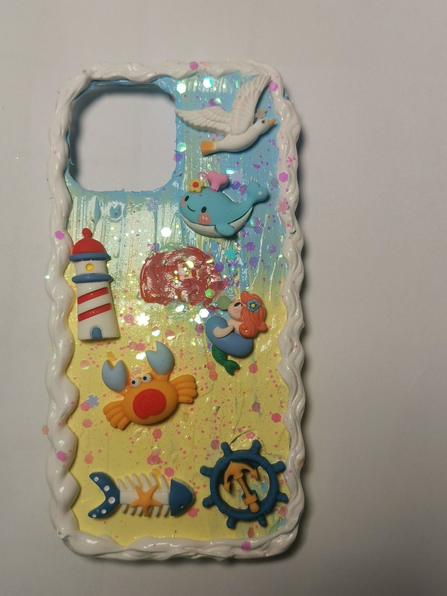 Finished Handmade Decoden Phone Cases | Ocean Life Lighthouse Crab Mermaid Whale Seagull Ship Wheel Anchor Charms