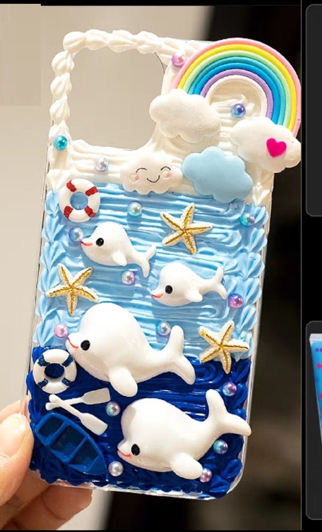 Finished Handmade Decoden Phone Cases | Ocean Sea Dolphin Starfish Crab Fish Clouds Rainbow Boat Charms | Samsung