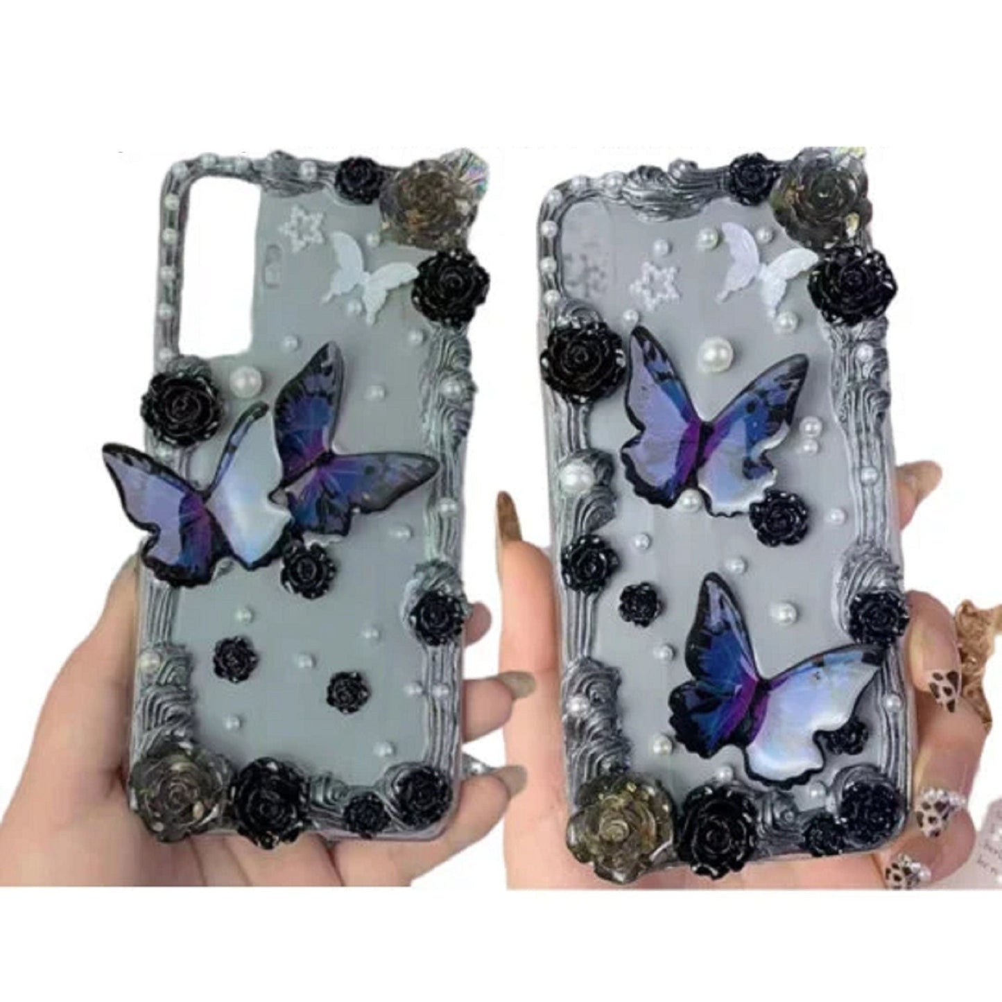 Finished Handmade Decoden Phone Cases | Purple Blue Butterflies Roses Pearls Charms | Samsung Android iPhone Cases