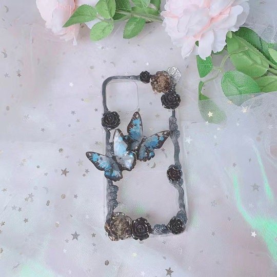 Finished Handmade Decoden Phone Cases | Purple Blue Butterflies Roses Pearls Charms | Samsung Android iPhone Cases - B