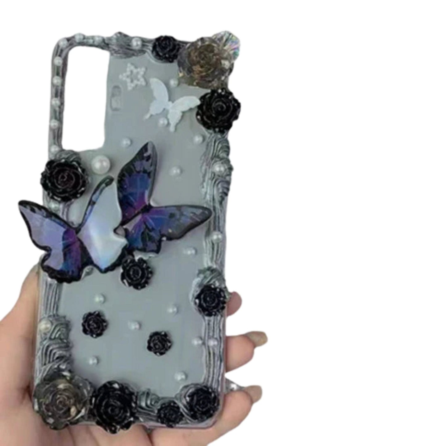 Finished Handmade Decoden Phone Cases | Purple Blue Butterflies Roses Pearls Charms | Samsung Android iPhone Cases - C