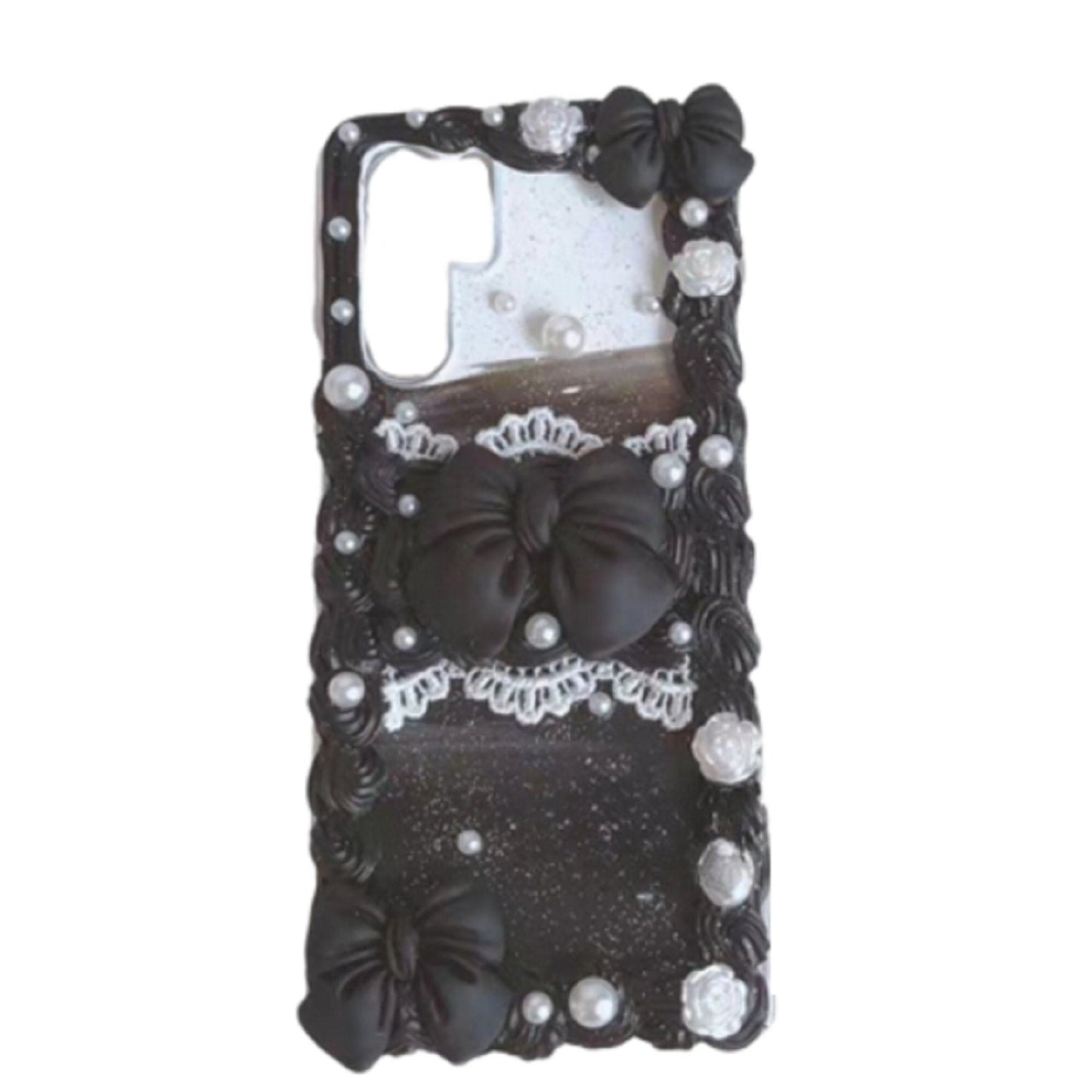 Finished Handmade Decoden Phone Cases | Red Black Big Bows Lace Flowers Pearls Charms | Samsung Android iPhone Cases - B