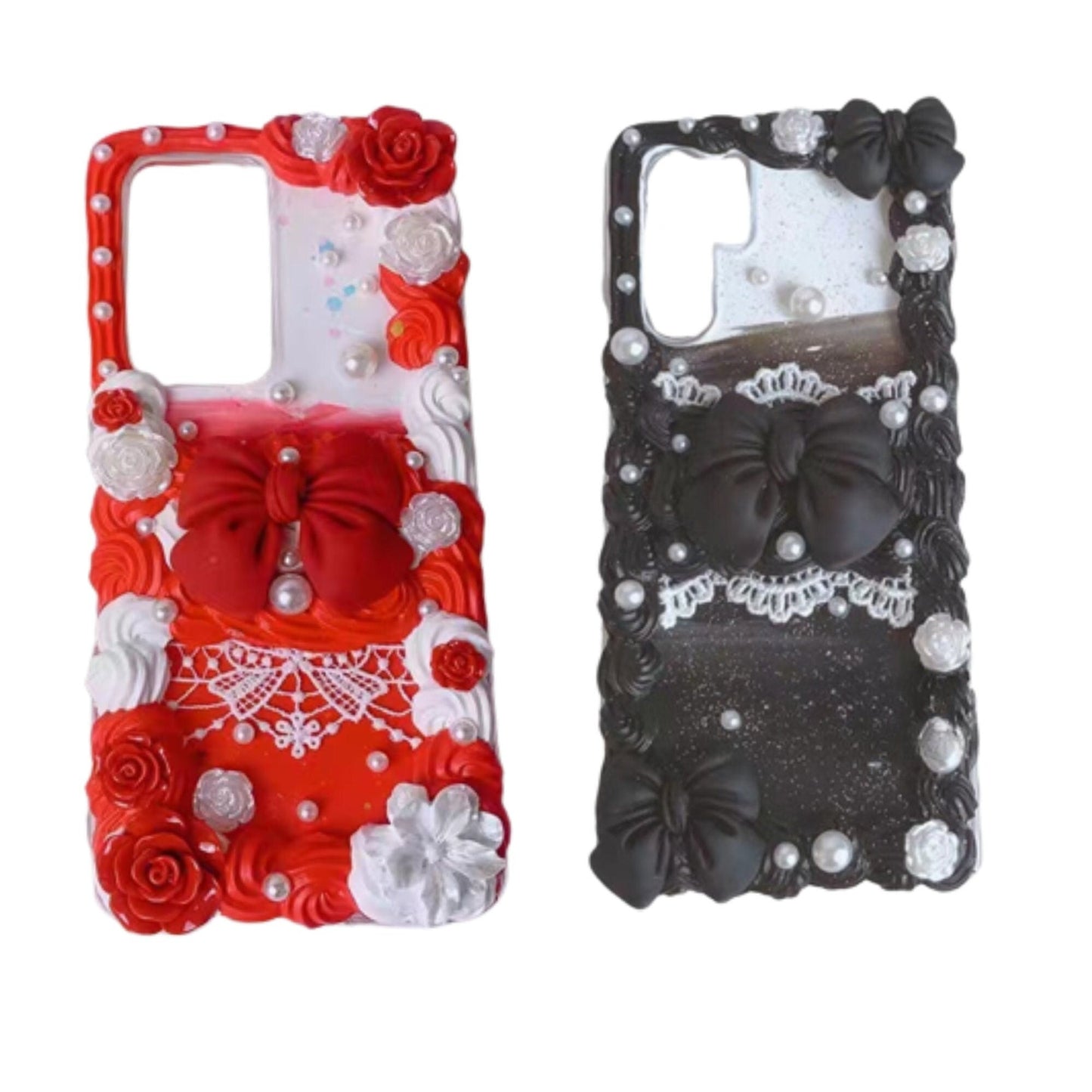 Finished Handmade Decoden Phone Cases | Red Black Big Bows Lace Flowers Pearls Charms | Samsung Android iPhone Cases