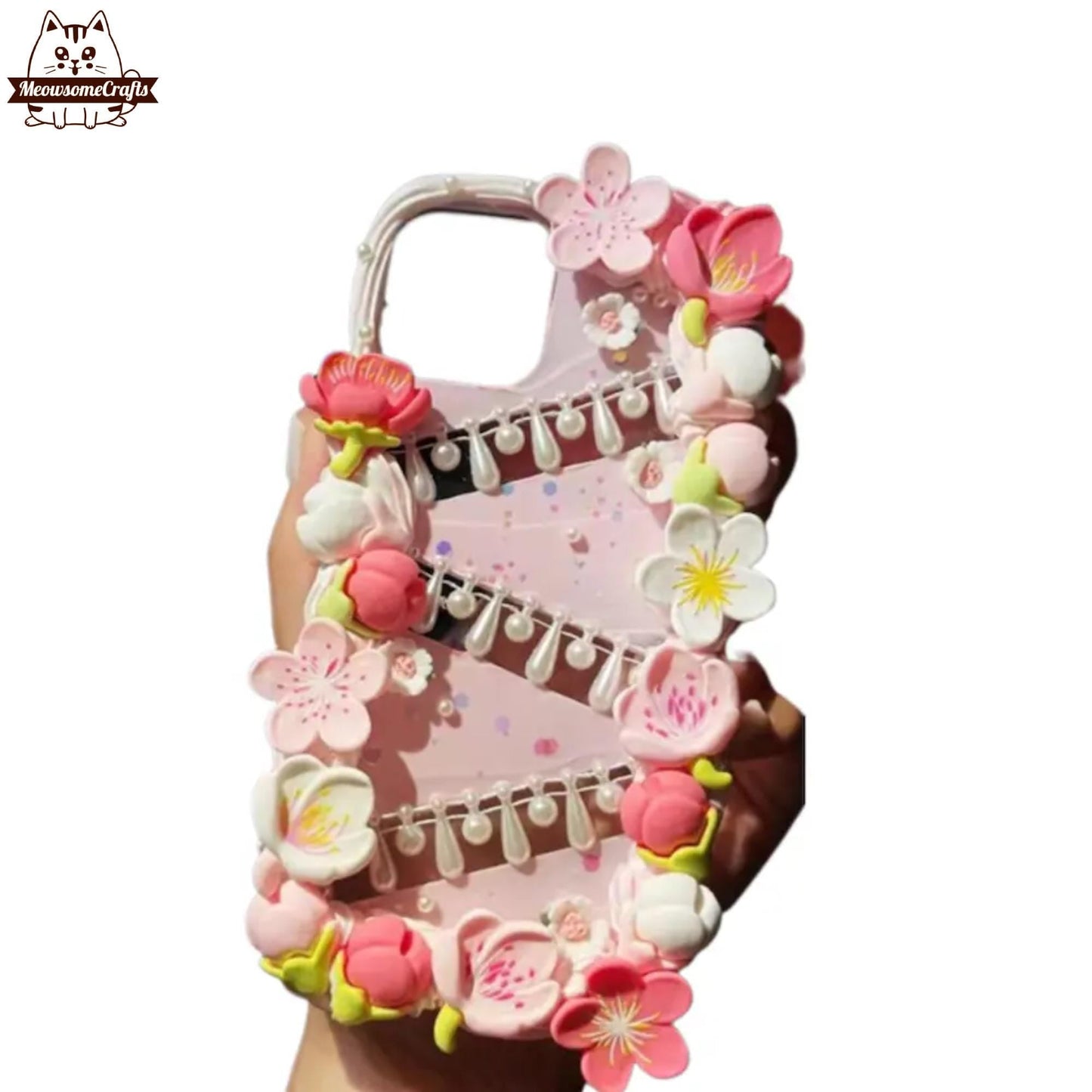 Finished Handmade Decoden Phone Cases | Sakura Flowers Pearls Teardrop Pearls Charms | Samsung Android iPhone Cases - B