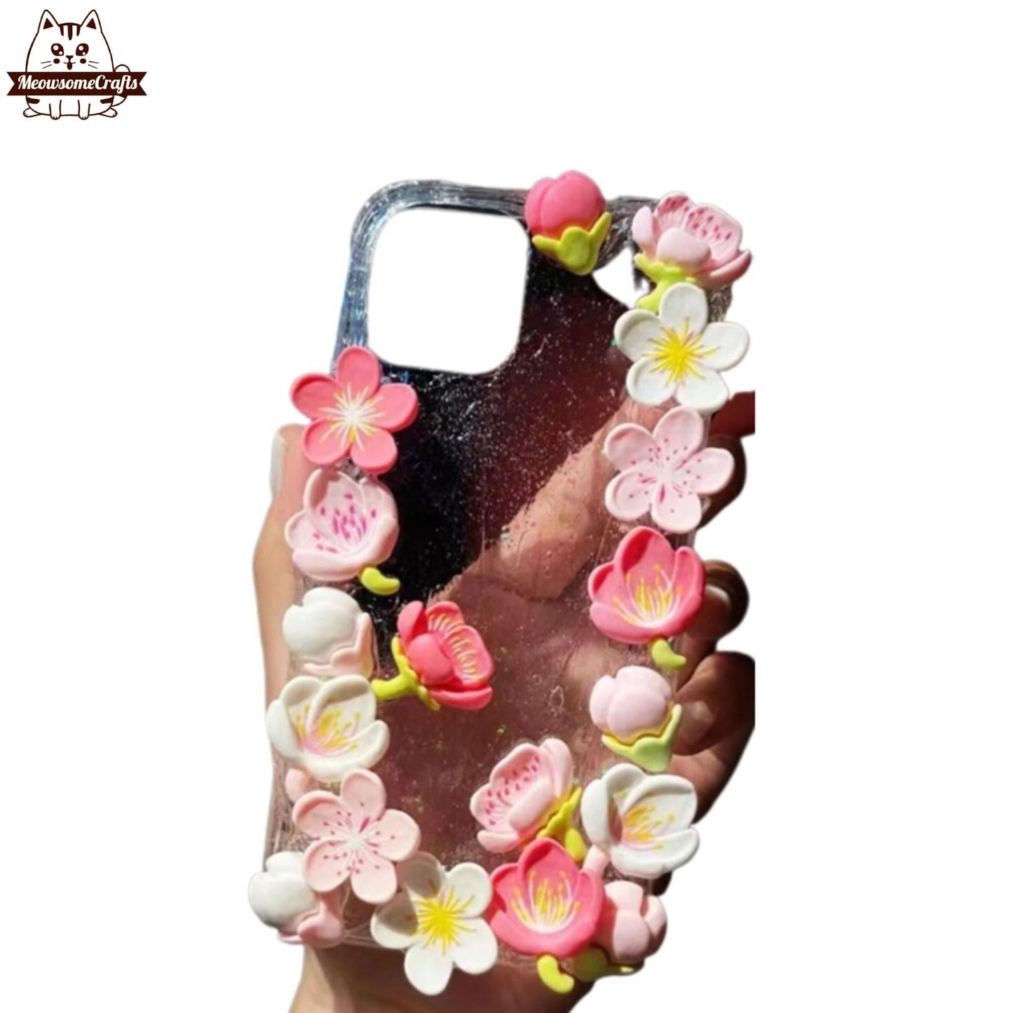 Finished Handmade Decoden Phone Cases | Sakura Flowers Pearls Teardrop Pearls Charms | Samsung Android iPhone Cases - F