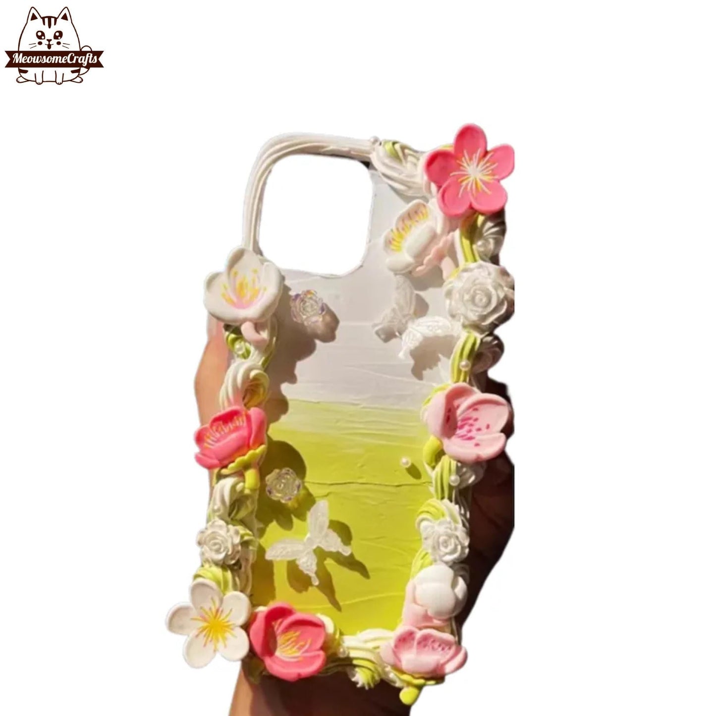 Finished Handmade Decoden Phone Cases | Sakura Flowers Pearls Teardrop Pearls Charms | Samsung Android iPhone Cases - D