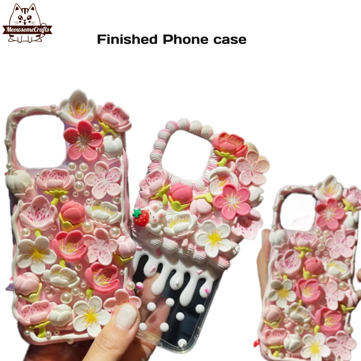 Finished Handmade Decoden Phone Cases | Sakura Flowers Pearls Teardrop Pearls Charms | Samsung Android iPhone Cases