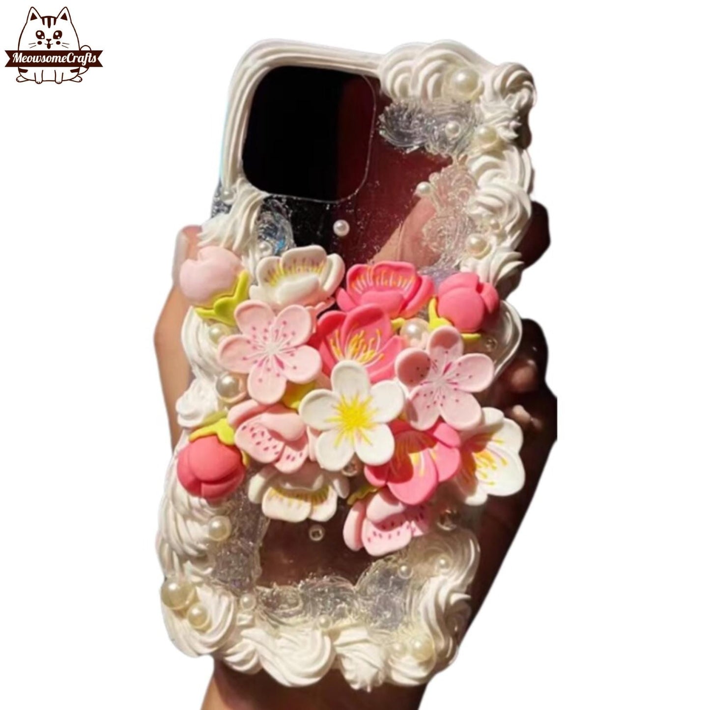 Finished Handmade Decoden Phone Cases | Sakura Flowers Pearls Teardrop Pearls Charms | Samsung Android iPhone Cases - E