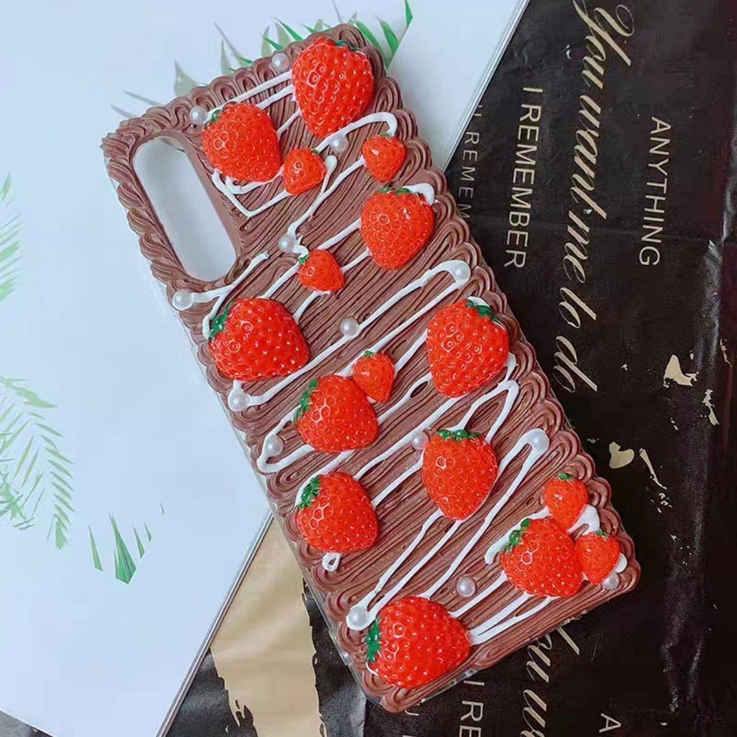 Finished Handmade Decoden Phone Cases | Strawberries Fruit Food Pearls Charms | Samsung Android iPhone Cases