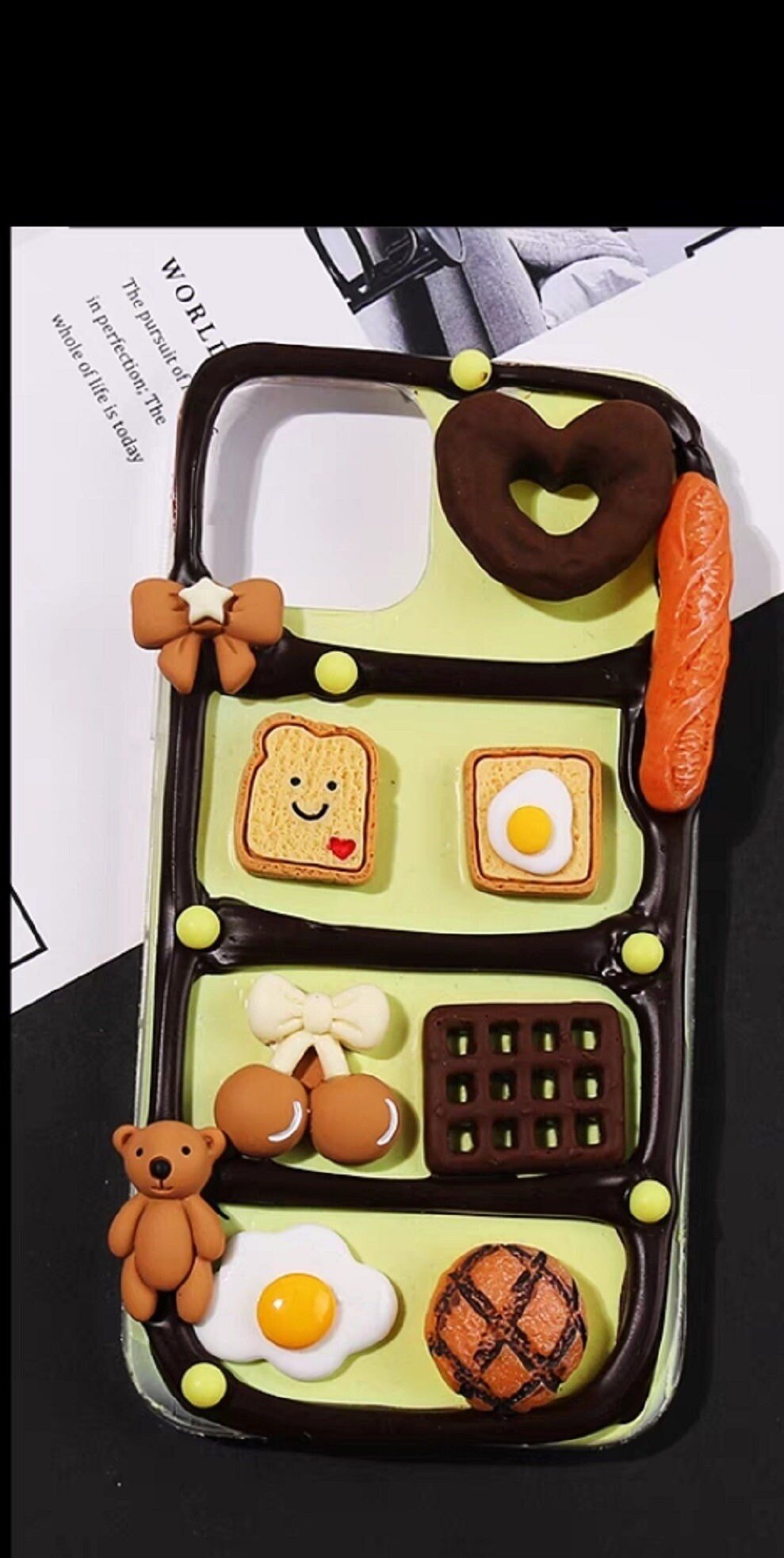 Finished Handmade Decoden Phone Cases | Teddy Bears Cookies Macaroons Toast Eggs Muffin Food Charms | Samsung Android