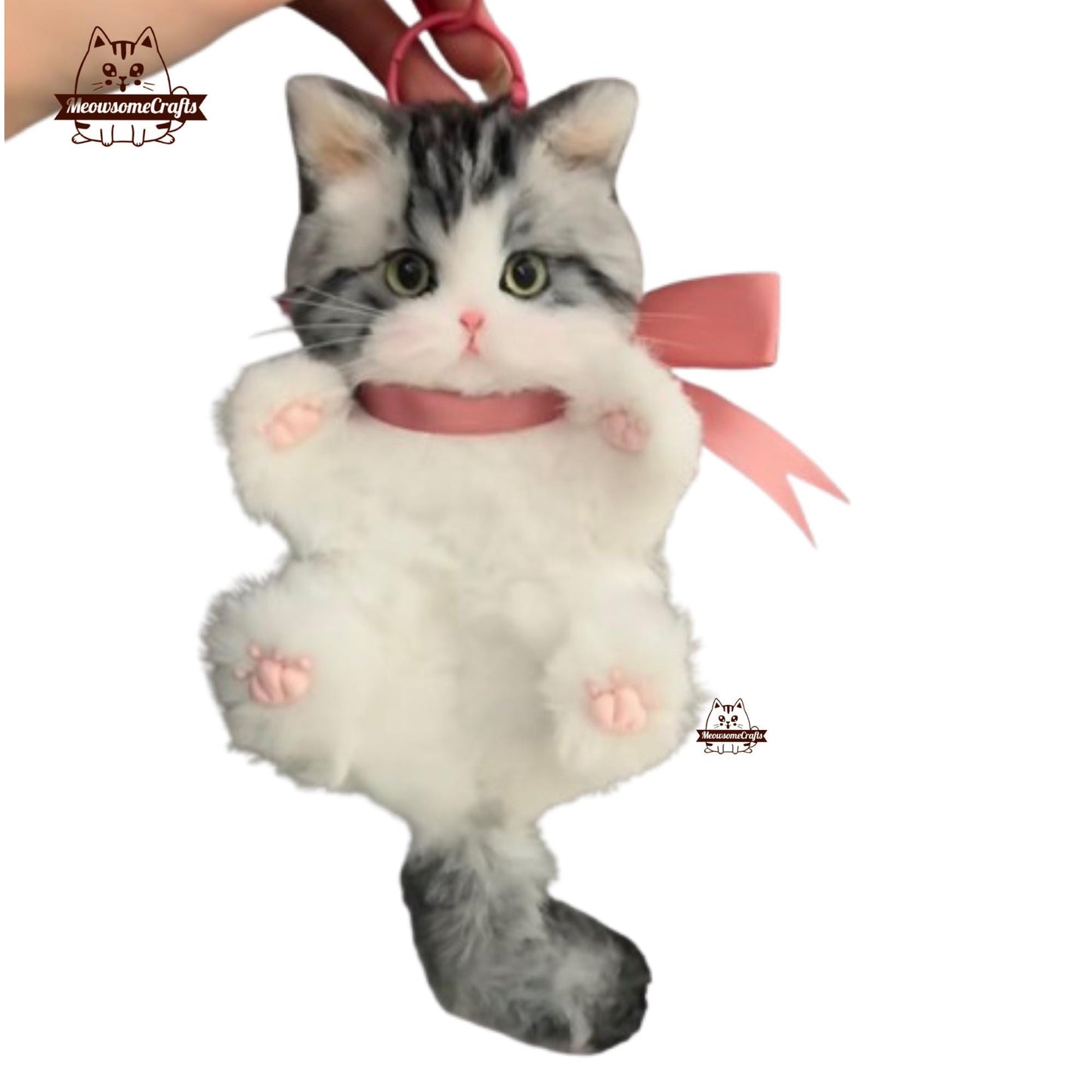 Handmade Chenille Stem Fluffy Black Striped White Kitten Cat Keychain Ornament | Animal Figurine