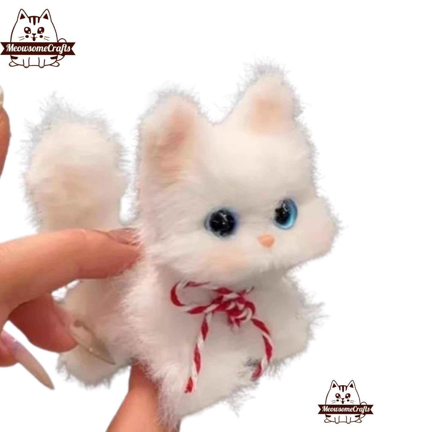 Handmade Chenille Stem Fluffy Long Haired Gray & White Kittens Keychains | Animal Figurine - B