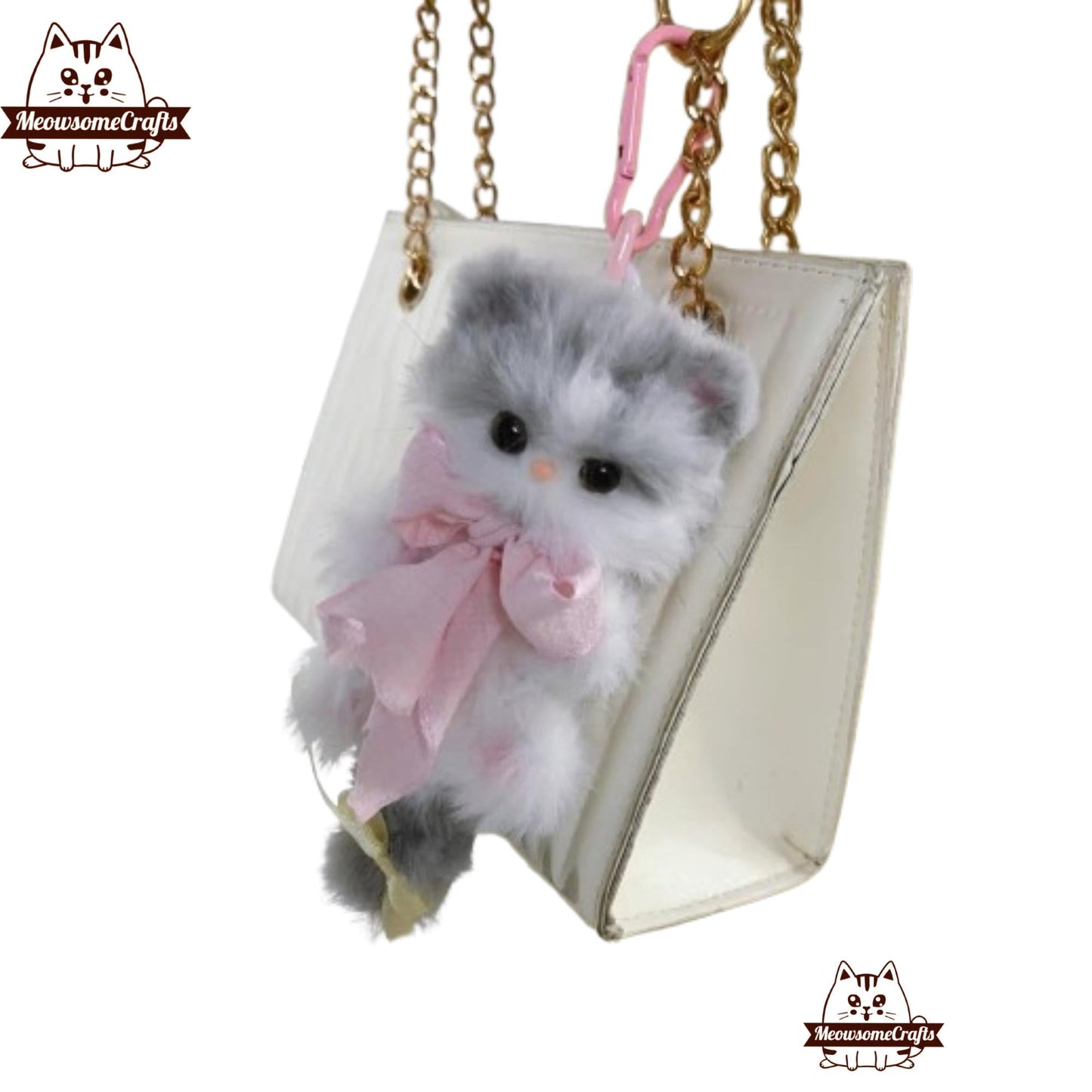 Handmade Chenille Stem Fluffy Long Haired Gray & White Kittens Keychains | Animal Figurine