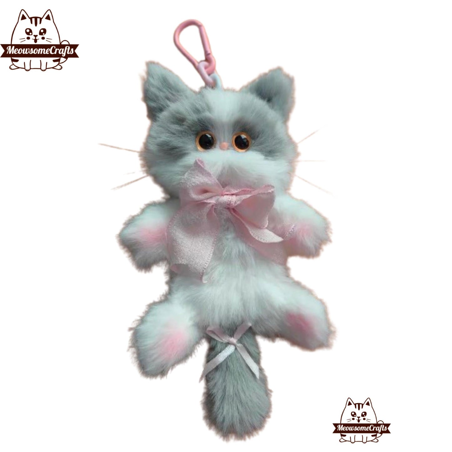 Handmade Chenille Stem Fluffy Long Haired Gray & White Kittens Keychains | Animal Figurine