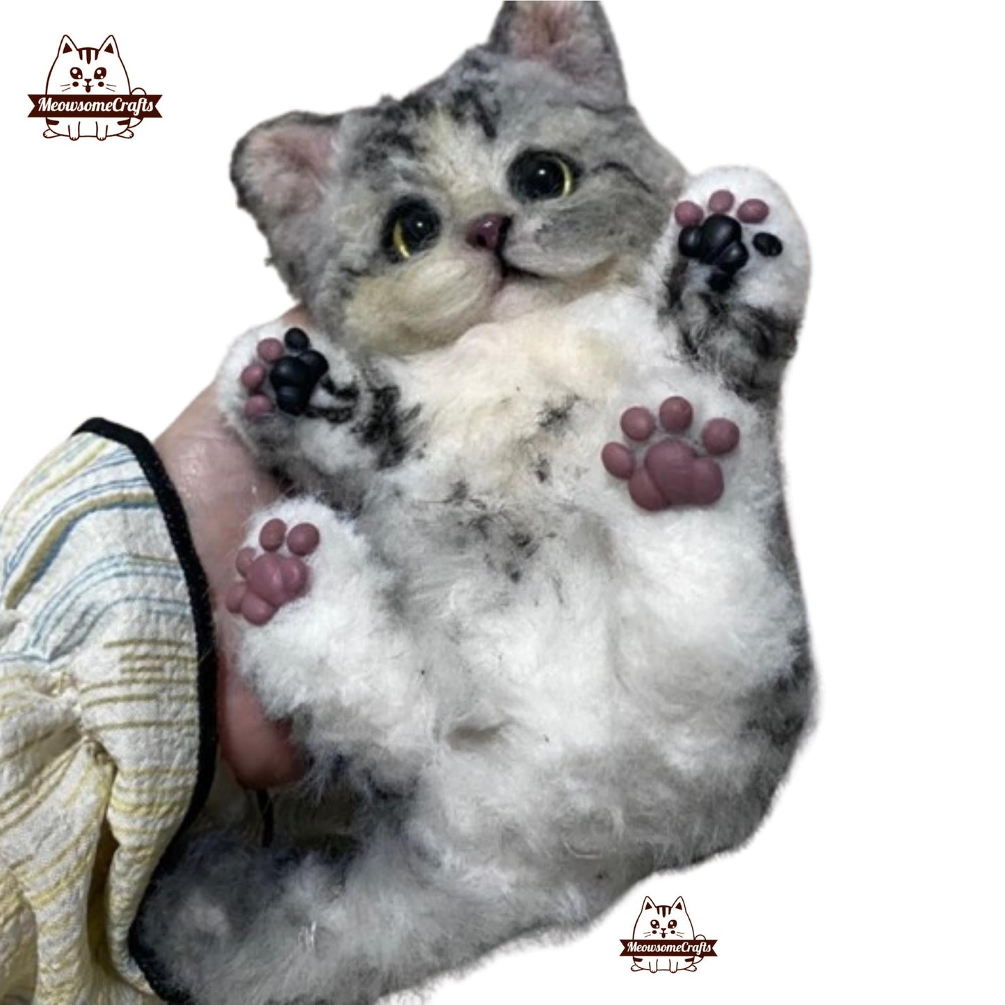 Handmade Chenille Stem Fluffy Playful Gray & White Kitten Cat Keychain Bag Ornament | Animal Figurine