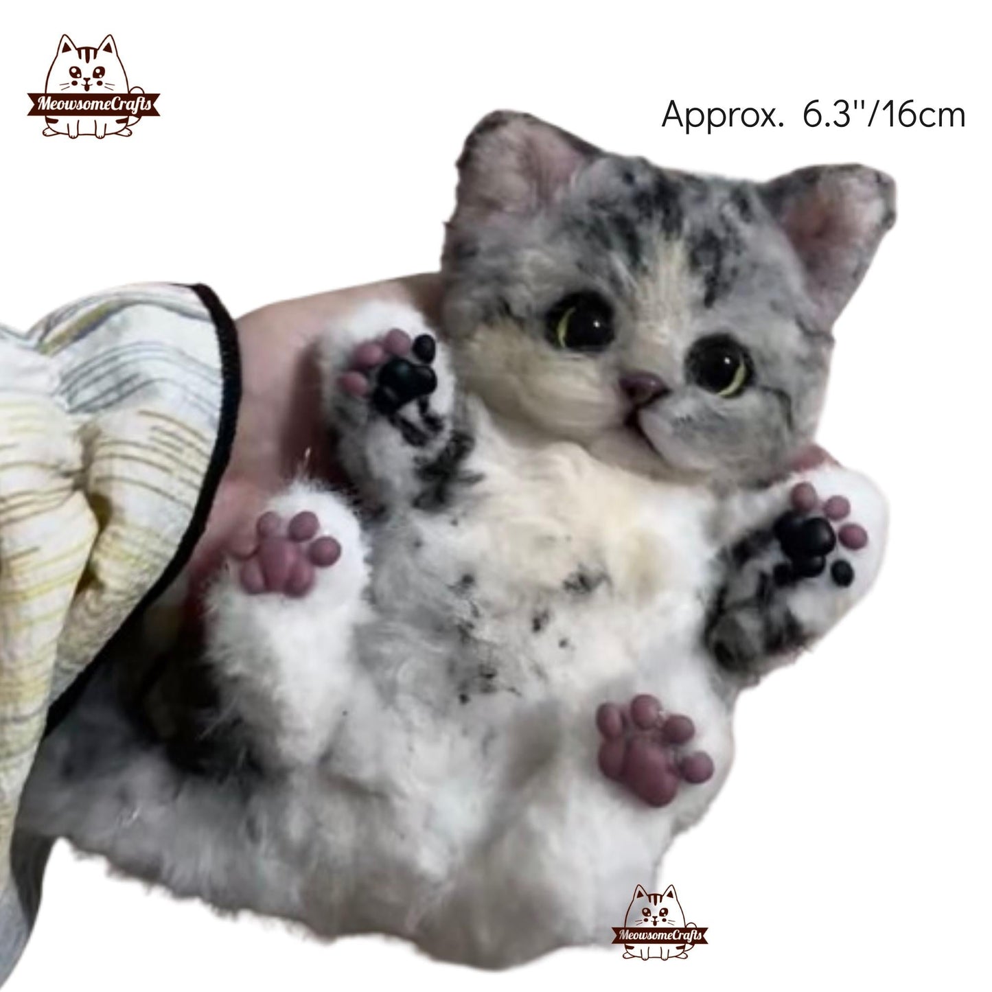 Handmade Chenille Stem Fluffy Playful Gray & White Kitten Cat Keychain Bag Ornament | Animal Figurine