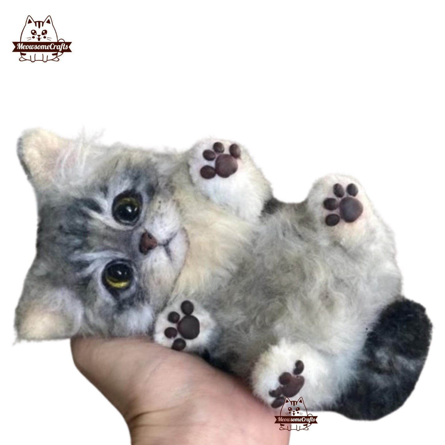Handmade Chenille Stem Fluffy Striped Gray & White Kitten Cat Keychain Ornament | Animal Figurine