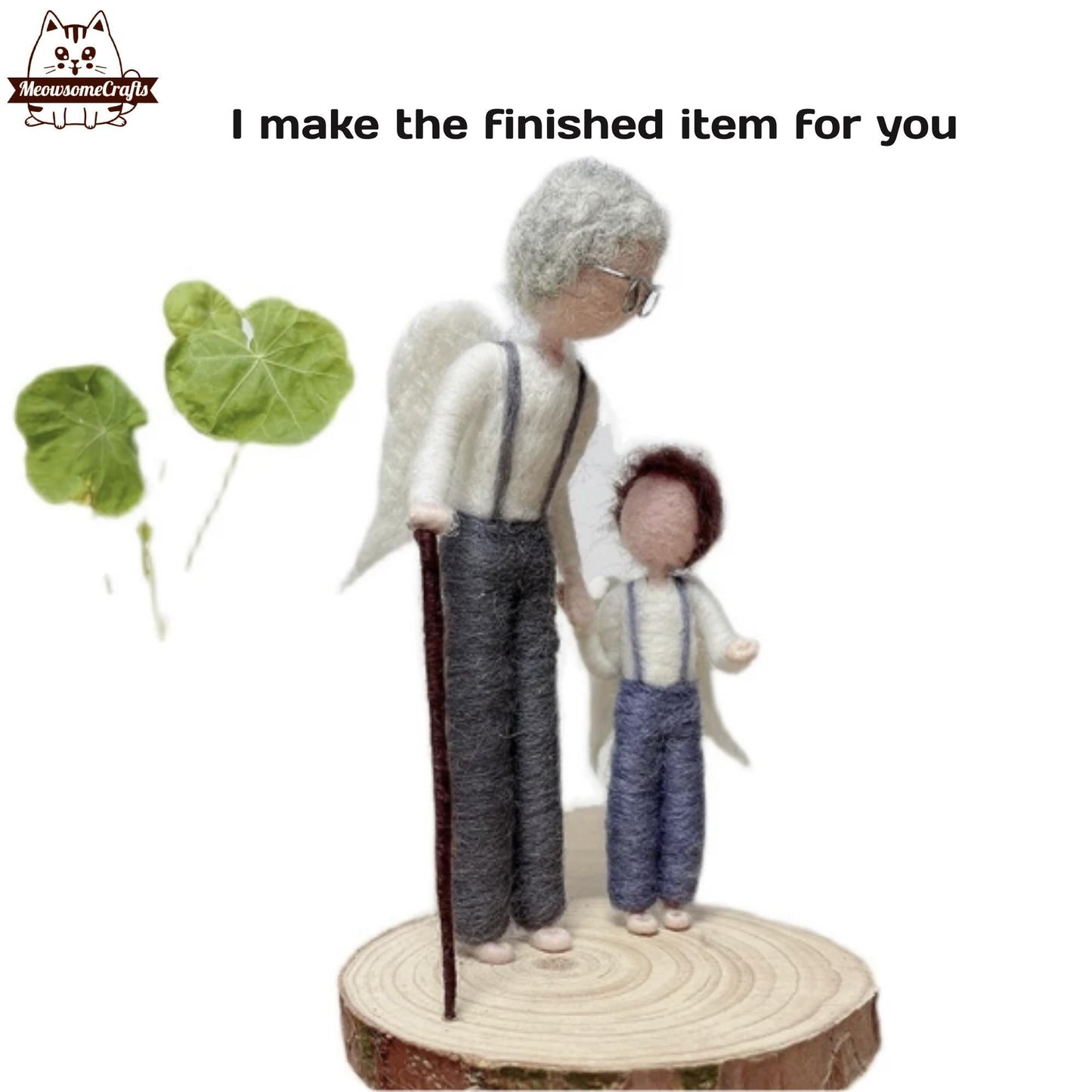 Handmade Needle Felted Angel Grandfather & Grandson Holding Hands | Finished Felted Angel