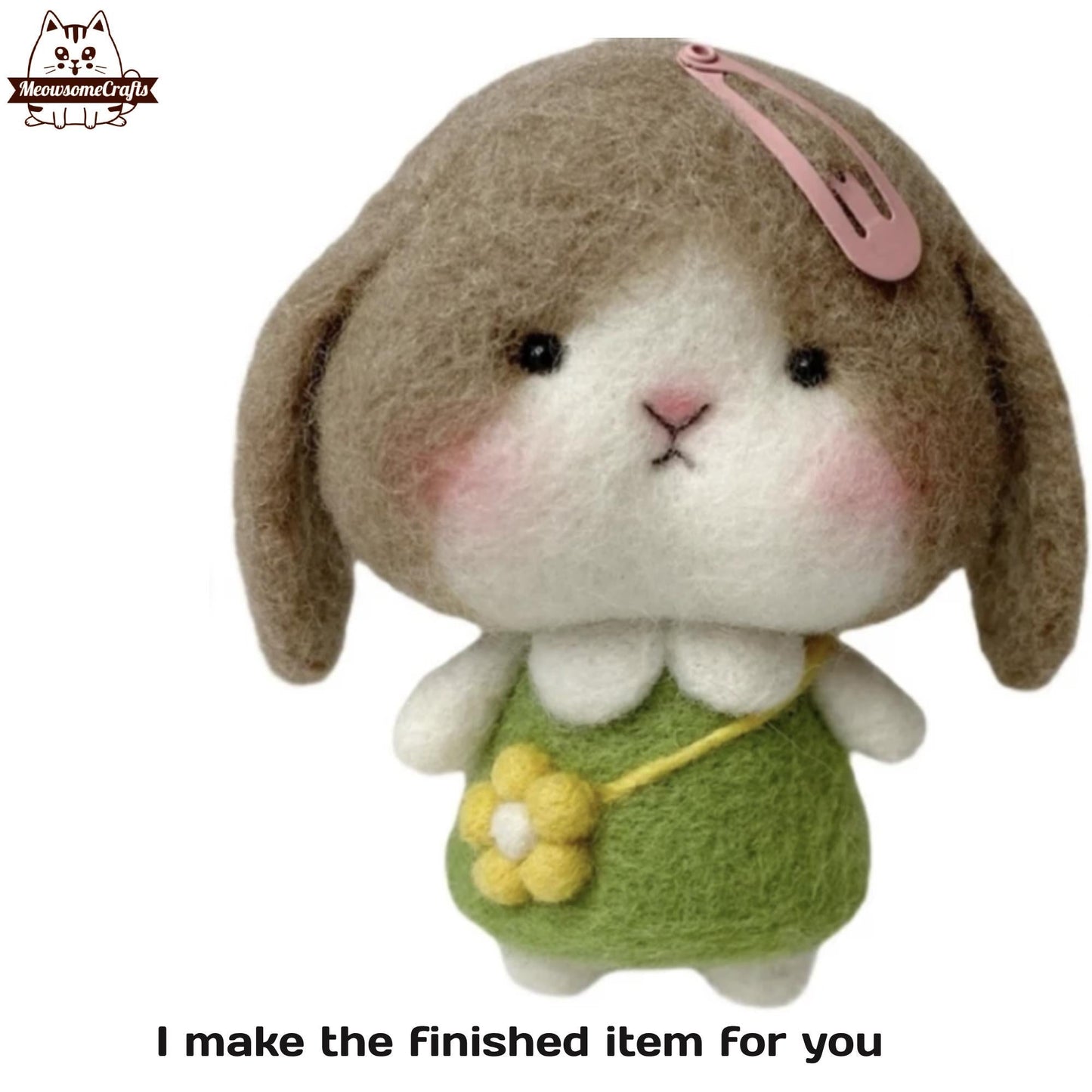 Handmade Needle Felted Baby Rabbit In Green Dress Flower Purse | Finished Felted Animal