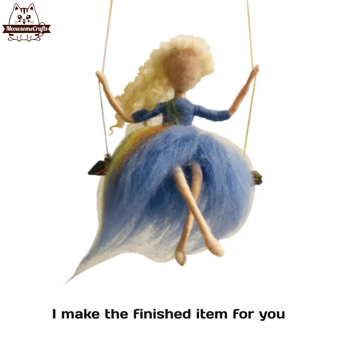 Handmade Needle Felted Blue Dress Blond Hair Girl On Swing | Finished Felted People