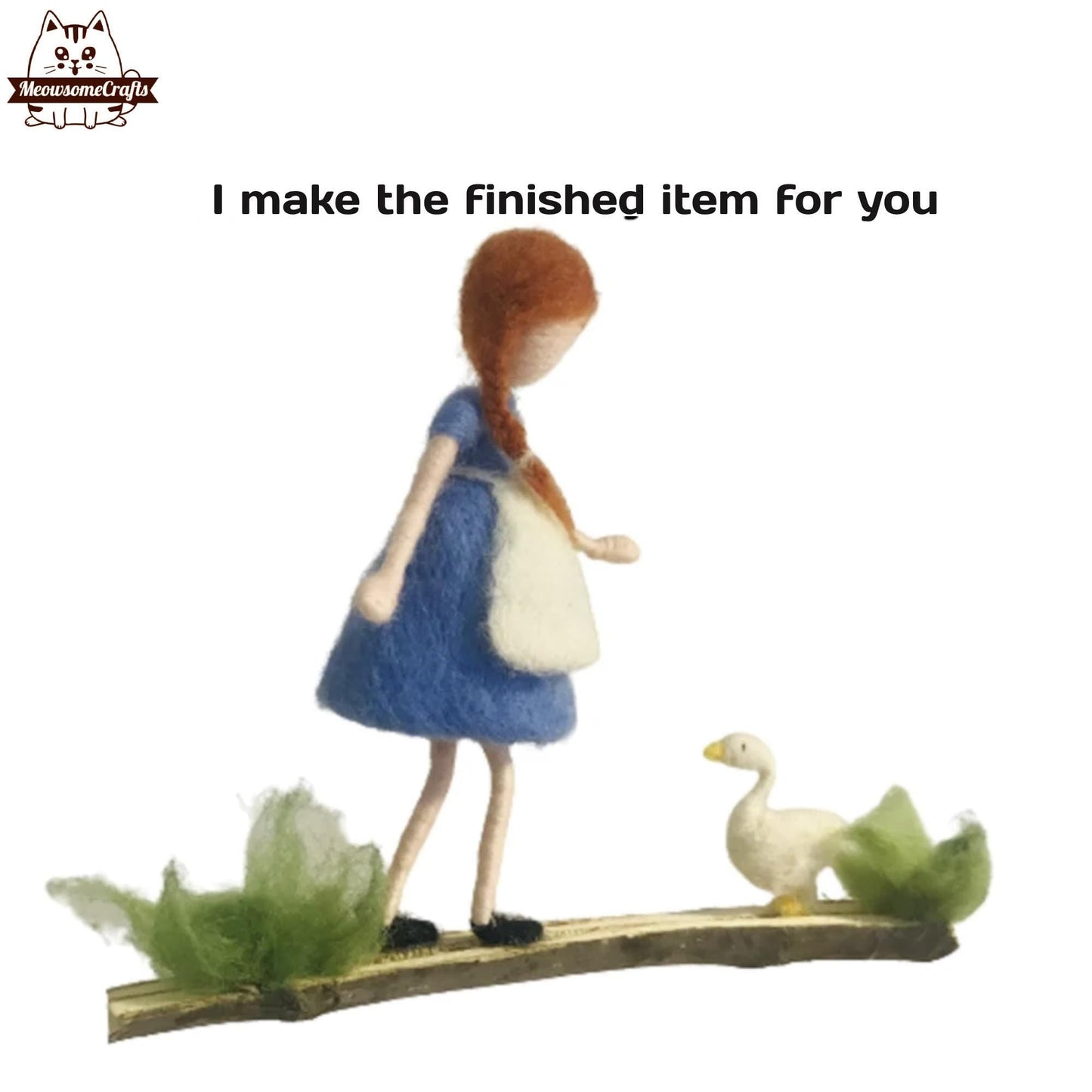 Handmade Needle Felted Blue Dress Girl & Goose On Branch | Finished Felted People Animal