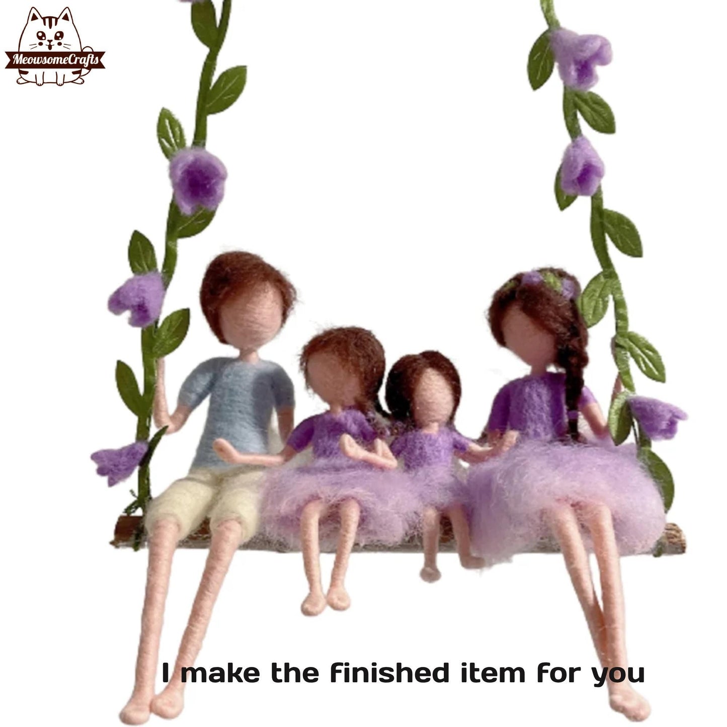 Handmade Needle Felted Dad Mother Daughters Family On Swing | Finished Felted People - Handmade Finished Felted Item