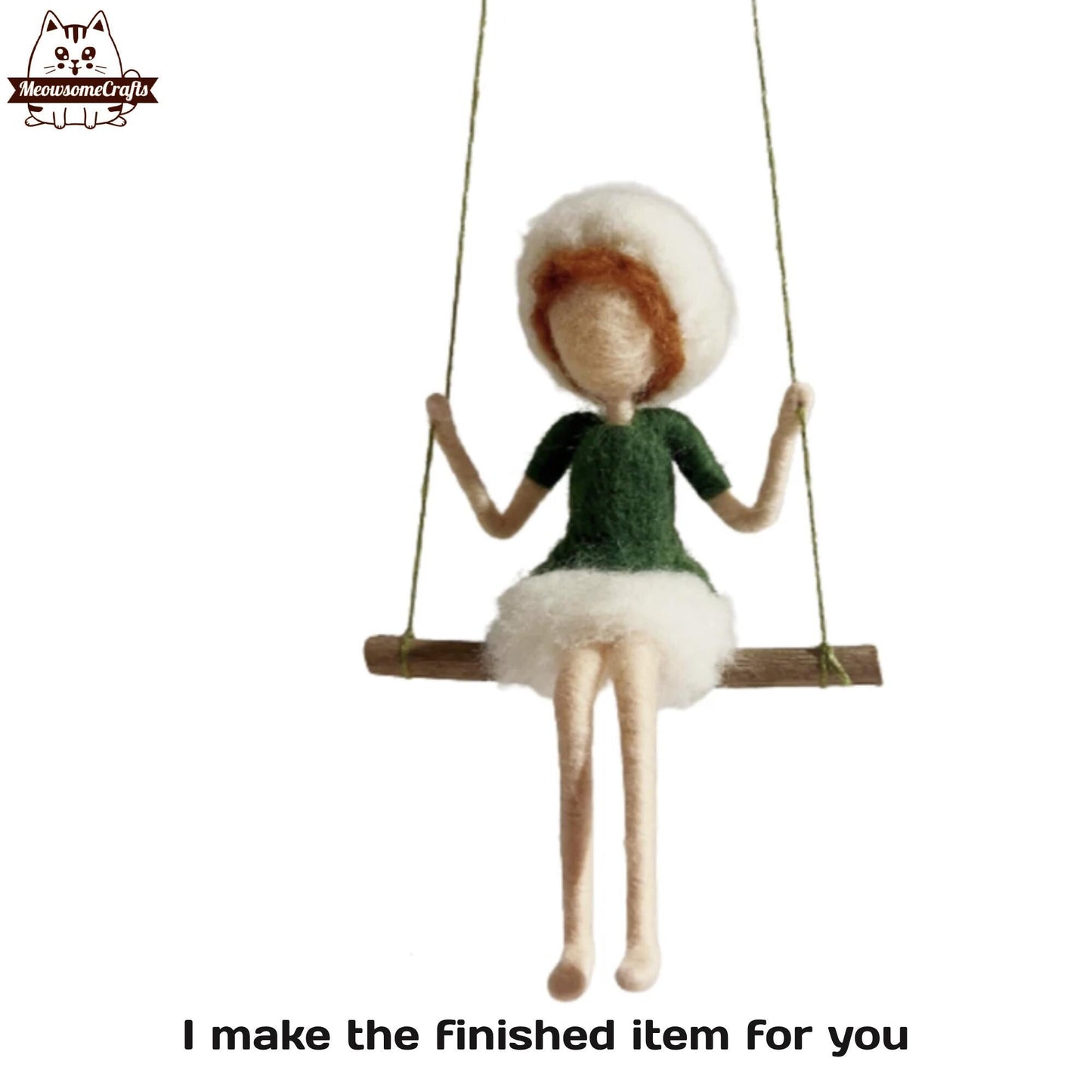 Handmade Needle Felted Fluffy Hat Green Dress Girl On Swing | Finished Felted People