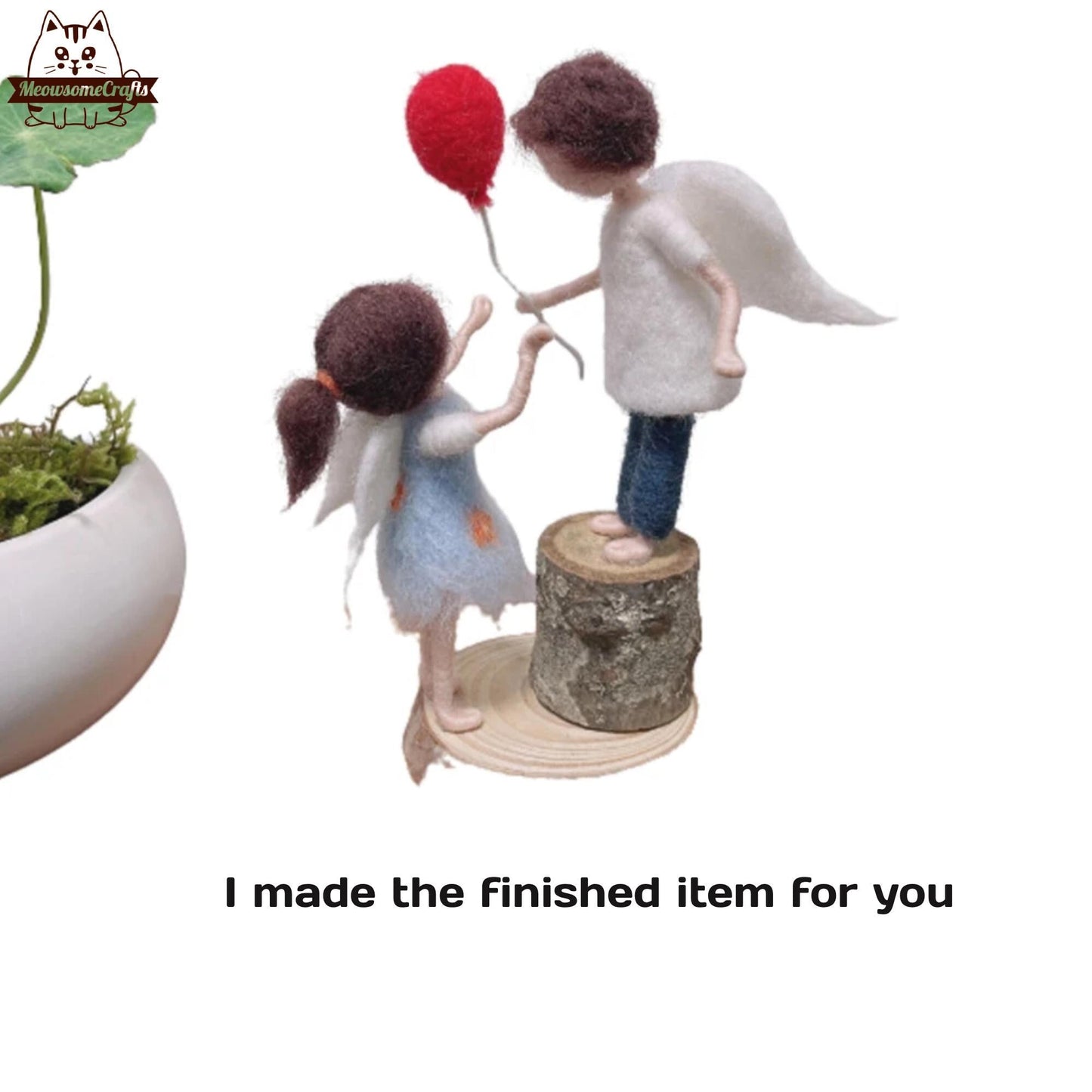 Handmade Needle Felted Kid Boy Girl Angels Playing With Red Balloon | Finished Felted Angel