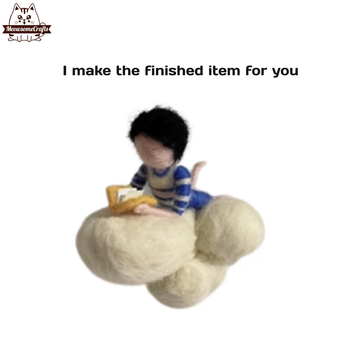 Handmade Needle Felted Kids Girl Boy Reading A Book On A Cloud | Needle Felted People - B