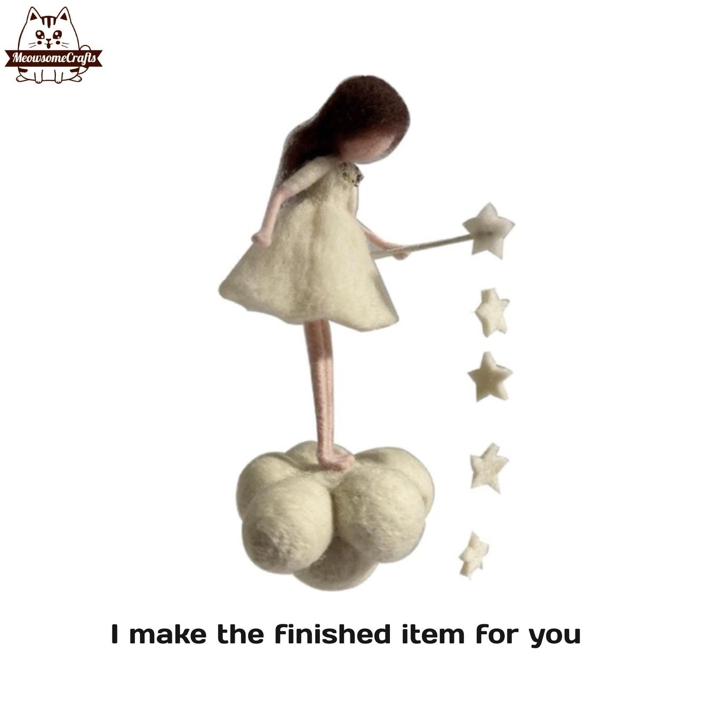 Handmade Needle Felted Little Girl On Cloud With Star Wand | Finished Felted People - Handmade Finished Felted Item