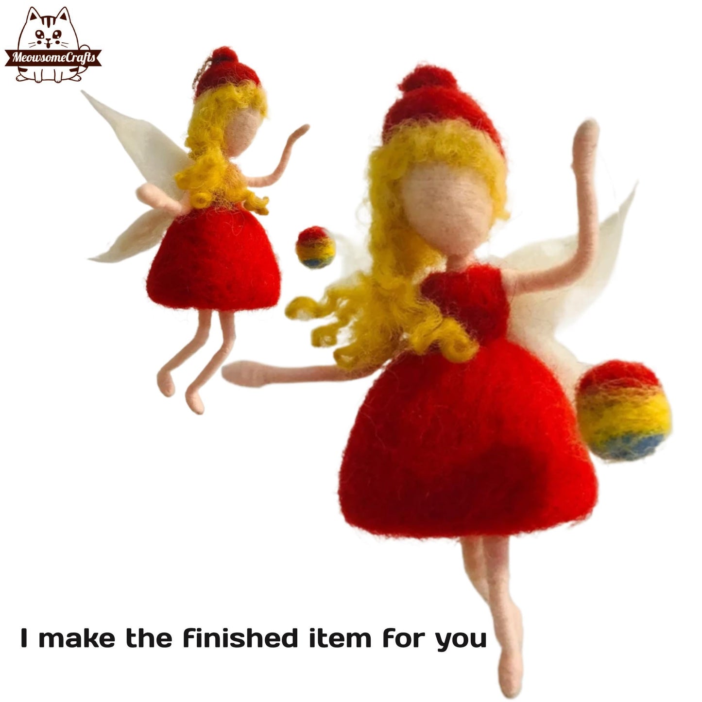 Handmade Needle Felted | Red Christmas Dress Fairy Holding Ball Decoration | Finished Felted Fairy