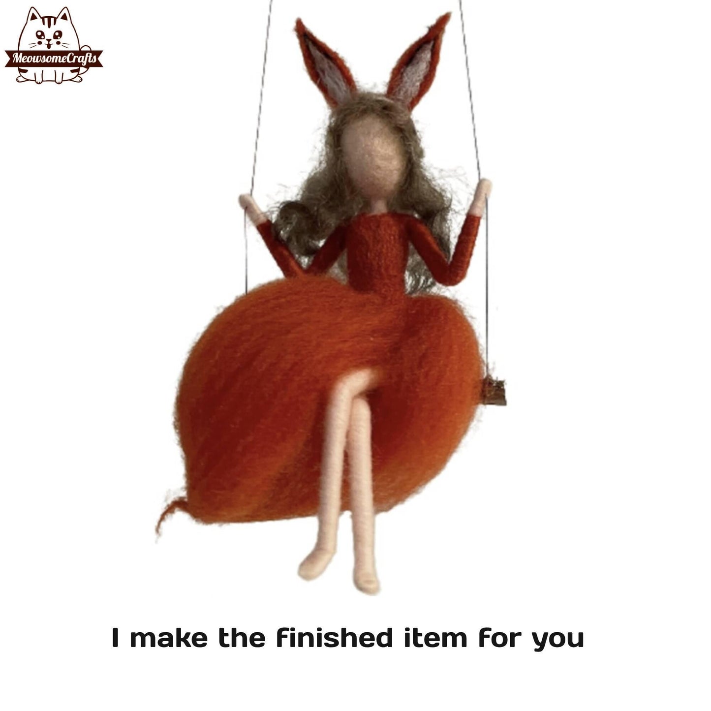 Handmade Needle Felted Red Dress Fox Girl With Ears & Tail On Swing | Finished Felted People