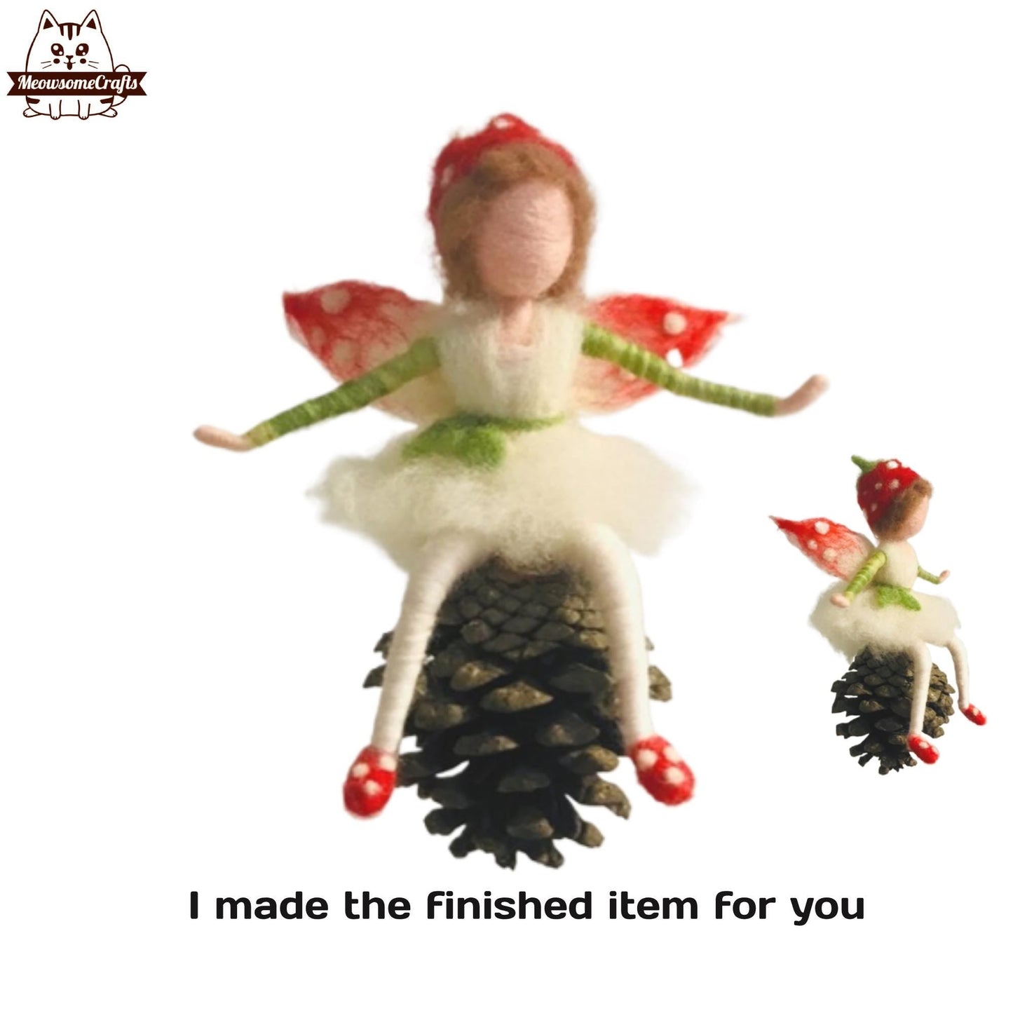 Handmade Needle Felted Spring Flower Strawberry Fairy Sitting On Pinecone | Finished Felted Fairy