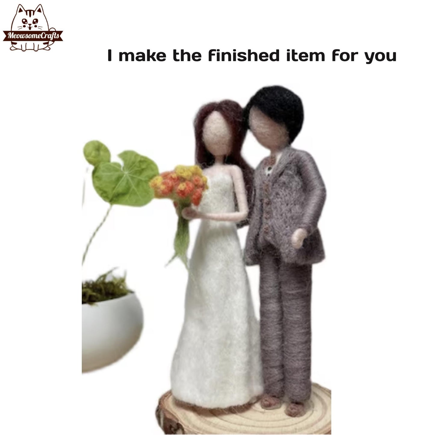 Handmade Needle Felted Wedding Marriage Groom & Bride Holding Bouquet Of Flowers | Finished Felted People