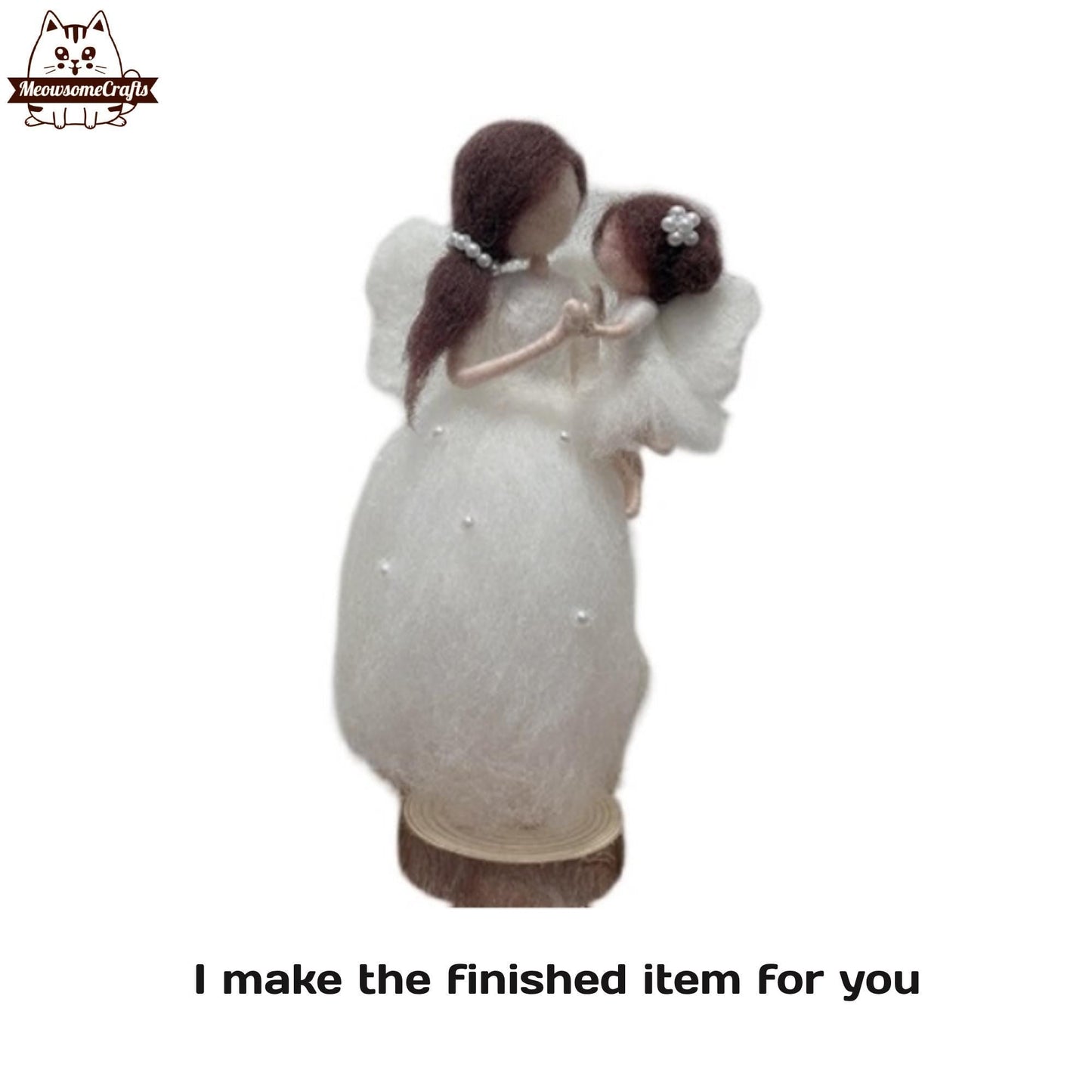 Handmade Needle Felted White Dress Angel Mother Holding Baby | Finished Felted Angel - Handmade Finished Felted Item